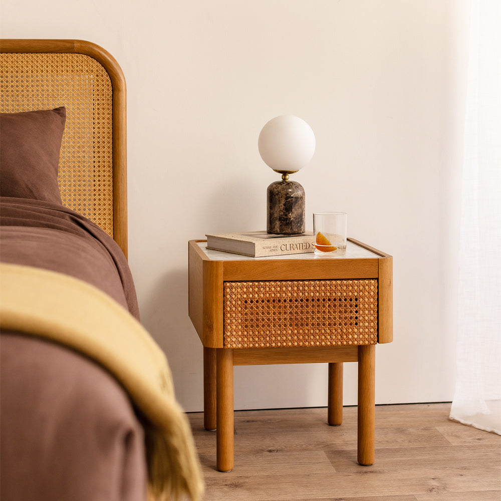 Norah Marble Rattan Bedside Table
