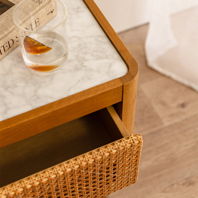 Norah Marble Rattan Bedside Table